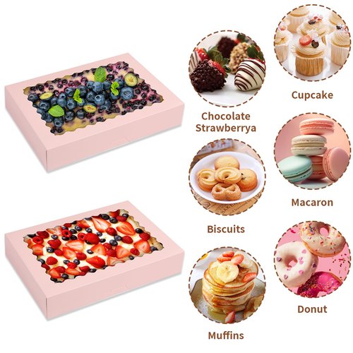 PFAMKEER Cookie Boxes,14x10x2.5 Inch Large Bakery Boxes with Window for Pies Chocolate Strawberries Muffins Donuts Pastry Dessert Christmas(Pink, 14 * 10 * 2.5inch/24pcs)