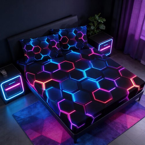 UEVBF Hexagon Geometric Honeycomb Bedding Fitted Sheet Sets,Blue Neon Gamer Fitted Sheet Sets for Kids Room Decor,Twin Size Bedding Sets for Boys,1 Fitted Sheet+2 Pillowcases.