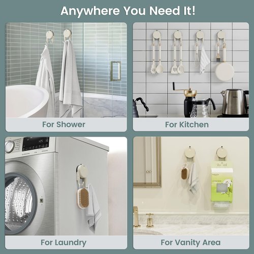 Geobella Strong Suction Cup Hooks for Shower, Bathroom, Kitchen, Heavy Duty Hangers for Door Wreaths, Robe, loofah, Towel, Utensils, Removable Wall Hooks for Tile, Glass, Mirror (2 Pack-Cream)