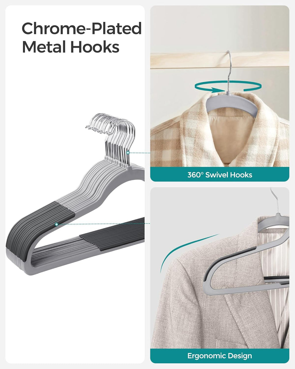 SONGMICS Clothes Hangers - Space-Saving Plastic Coat Hangers, Pack of 50 | Light Gray & Dark Gray