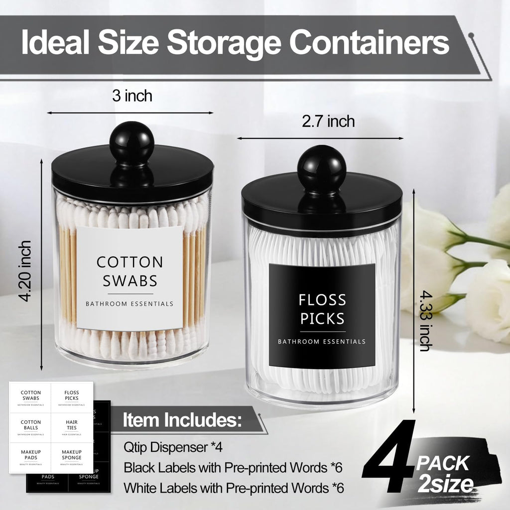 SheeChung Acrylic Qtip Holder Dispenser - 4 Pack Clear Bathroom Jars with Lids for Cotton Swabs & Pads | 10oz-12oz