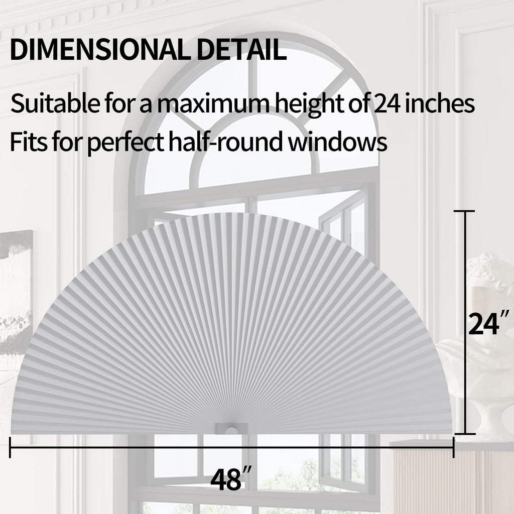 Myshade Arch Window Shades Half Circle Blackout Cellular Shades Cordless No Drill Blinds for Windows Half Moon Honeycomb Fabric No Tools Room Darkening Shades Easy Install (2PCS White 48" W X 24" H)