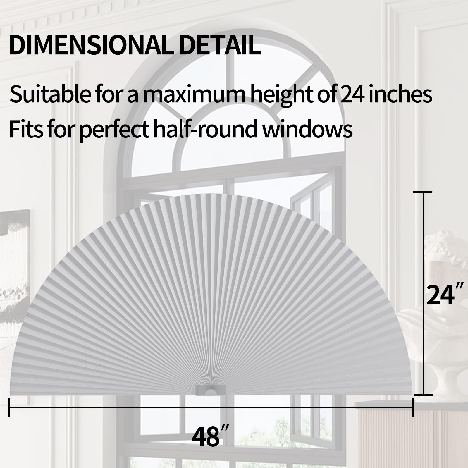 Myshade Arch Window Shades Half Circle Blackout Cellular Shades Cordless No Drill Blinds for Windows Half Moon Honeycomb Fabric No Tools Room Darkening Shades Easy Install (2PCS White 48" W X 24" H)