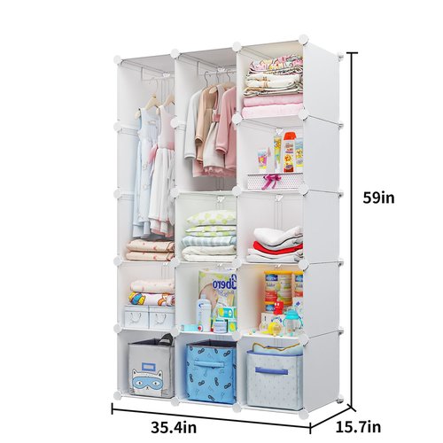 deijiner Modular Baby Wardrobe Closet, Portable Children Organizers and Storage for Nursery,15 Cubes with Hanging Rods,Multi-Functional Kids Storage Shelf-Bedroom Clothes Armoire (Boys & Girls)