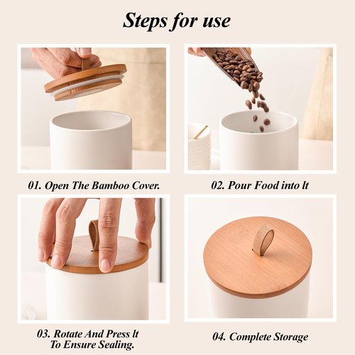 CoorFormer White Ceramic Canister Set of 2 with Bamboo Lids, Wooden Stand & Spoons – 35oz & 28oz Airtight Food Storage Jars for Coffee, Sugar, Tea, Kitchen Counter Organizer