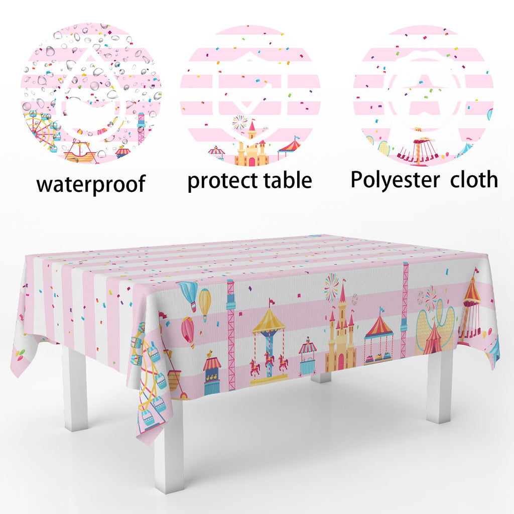 GZBJMYGS Pink Circus Theme Party Tablecloth Carnival Carousel Table Cover Supply for Baby Shower Girl Princess Birthday Party Popcorn Day Dining Holiday Picnic Booth Prop Decoration, 53" x 98"