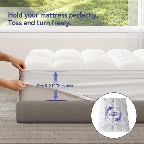 ELEMUSE Queen Mattress Topper - Plush Soft Pillowtop for Back Pain Relief | Extra Thick Deep Pocket Design