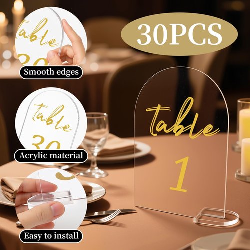 30 Pack Acrylic Wedding Table Numbers, 5.9" X 3.9" Signs, 1-30 Table Numbers for Wedding Reception, Party, Anniversary, Event, Acrylic Wedding Signs