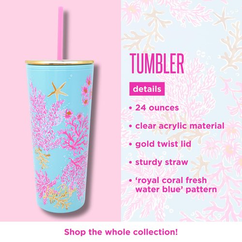Lilly Pulitzer Double Wall Tumbler with Lid and Reusable Straw, Insulated Travel Cup Holds 24 Ounces (Royal Coral)