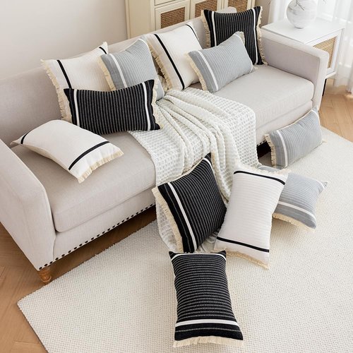 CARRIE HOME Modern Farmhouse Black Striped Lumbar Pillow Cover 12x20 with Tassels 1 Pack, Boho Decor Black and White Neutral Pillow Cover 12 x 20, Black Decorative Throw Pillows for Bed Couch Sofa