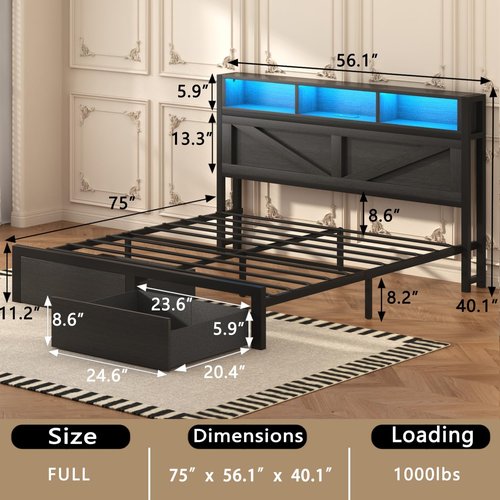 Incyneva Full Bed Frame - Farmhouse Style with Bookcase Storage, Charging Station & LED Light - Black