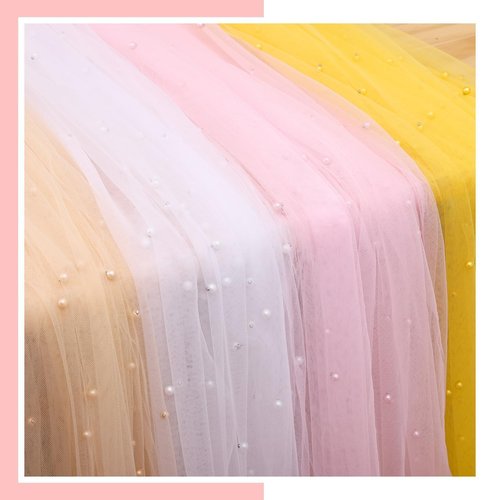 Hugestar Pearl Table Runner 10FT, 30 x 120 Inch Pink Boho Rustic Tulle Lace Table Runner for Spring Summer Birthday Baby Shower Wedding Party Table Decor