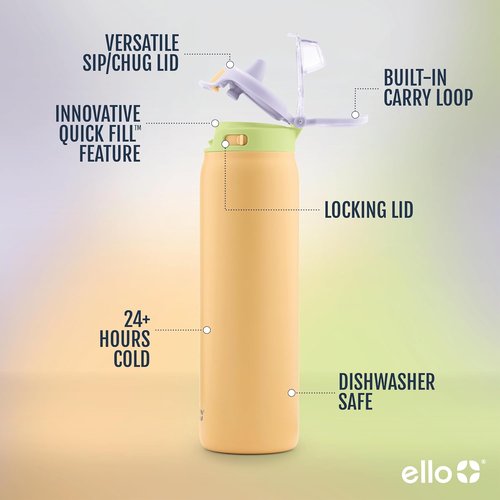 Ello Pop & Fill 22oz Stainless Steel Water Bottle - Quick Fill Technology, Double Walled, Leak Proof | Sunset Meadow
