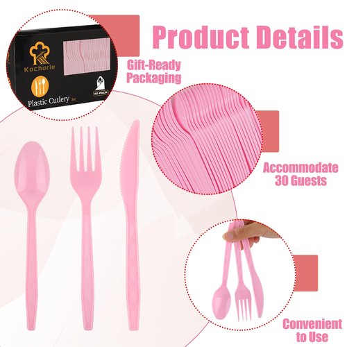 Kochorie 90 Pieces Pink Plastic Cutlery Set Disposable Plastic Utensils Heavy Duty Flatware Set Includes 30 Knives 30 Forks 30 Spoons for Party Wedding Birthday