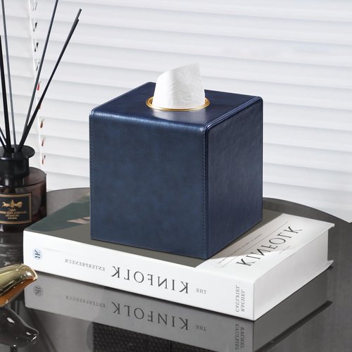 MEIBOOCH Square Tissue Box Cover, Luxury PU Leather Tissue Holder with Magnetic Closure (Navy Blue)