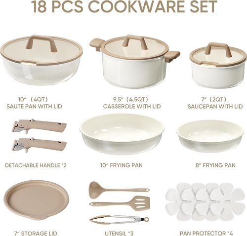 CAROTE 18-Piece Ceramic Cookware Set - Induction Nonstick Pots & Pans, Dishwasher Safe, Brown