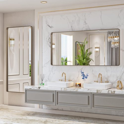 LOAAO Bronze Bathroom Mirror - 60”x28” Rounded Rectangle Design, Anti-Rust Metal Frame, Tempered Glass