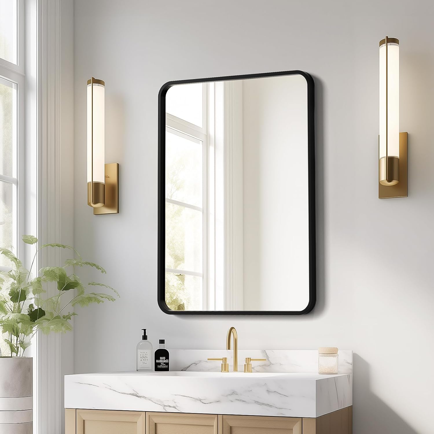USHOWER Black Bathroom Mirror - 22 x 30 Inch Matte Black Rectangle Wall Mirror with Rounded Metal Frame