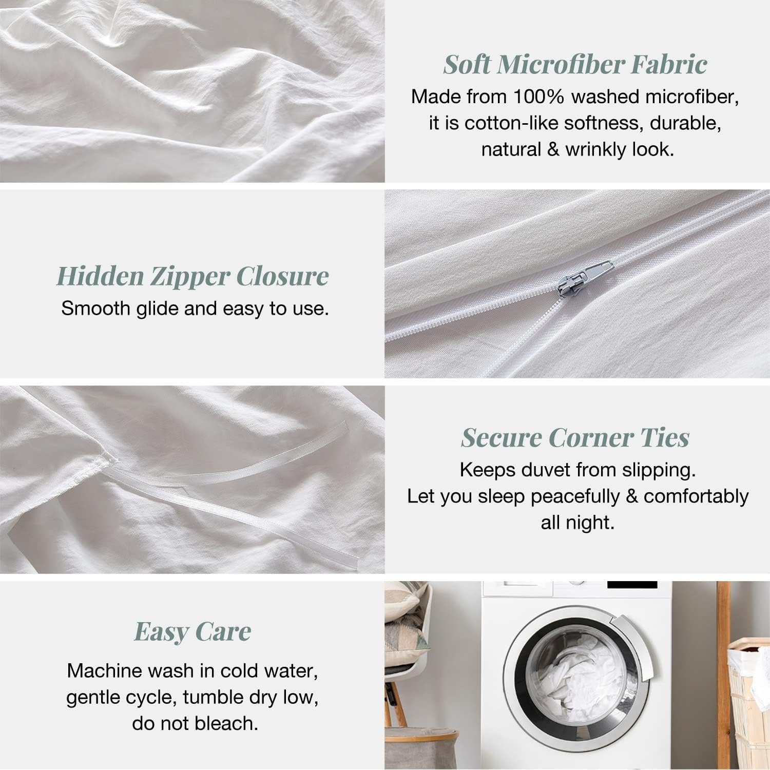 3 Side Zipper Duvet Cover Set King Size White - Soft Microfiber Duvet Cover Set with 3 Sided Zipper Closure, King Size Duvet Cover (90"x104") & 2 Pillow Cases(20"x36"), NO Comforter