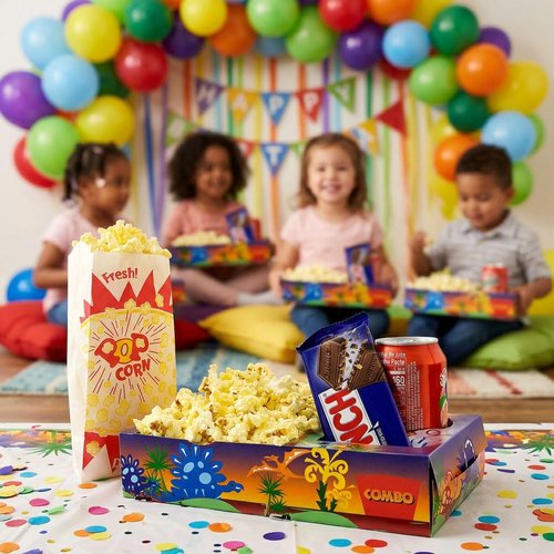 SNAPPY Dinosaur Movie Night Kit, 18 Pcs — 6 Kids Snack Trays with Cup Holder & 12 Burst Popcorn Bags, Disposable, Food-Safe, USA Made