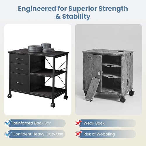 Healsmart Heavy Duty Mobile File Cabinet - 3 Fabric Drawers & Rolling Printer Stand | Black