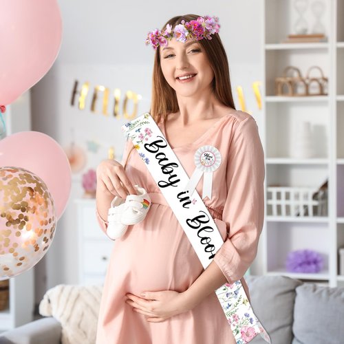 Ceenna Wildflower Baby Shower Decorations Baby in Bloom Floral Mom to Be Sash and Dad to Be Pin Flower Crown for Gender Reveals Shower Party Favors Pregnancy Mommy Dress Gift