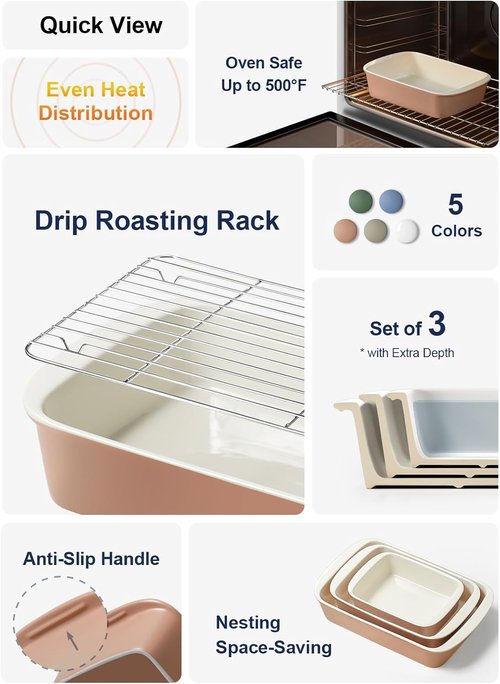 LE TAUCI Ceramic Baking Dish Set - Deep Casserole Dishes with Roasting Racks | Dusty Pink, 3-Piece Set (4.6QT/3.0QT/1.6QT)