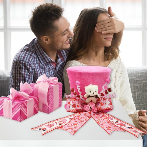 ARTSEMI Valentine Tree Topper Hat, Pink Valentines Day Decorations Tree Topper with Plush Bear and Heart Bows, Valentines Ornaments Party Decor