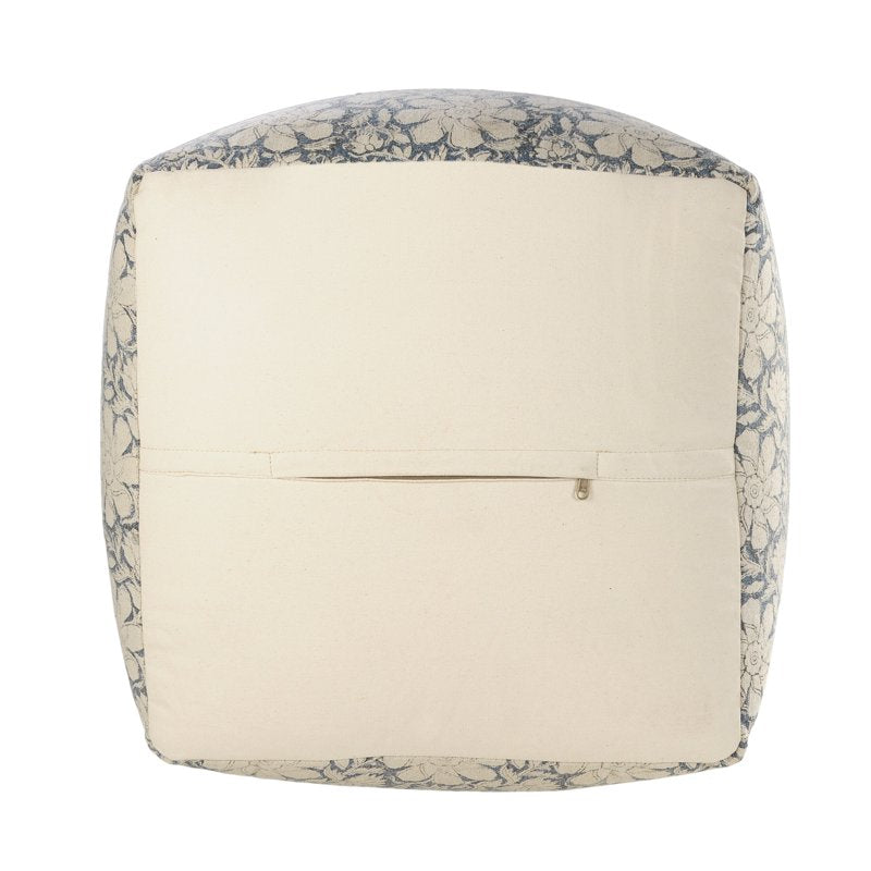 Medium Floral Indoor Square Pouf - Beige & Blue, 20x20x20 Inches - Handmade Geometric Design