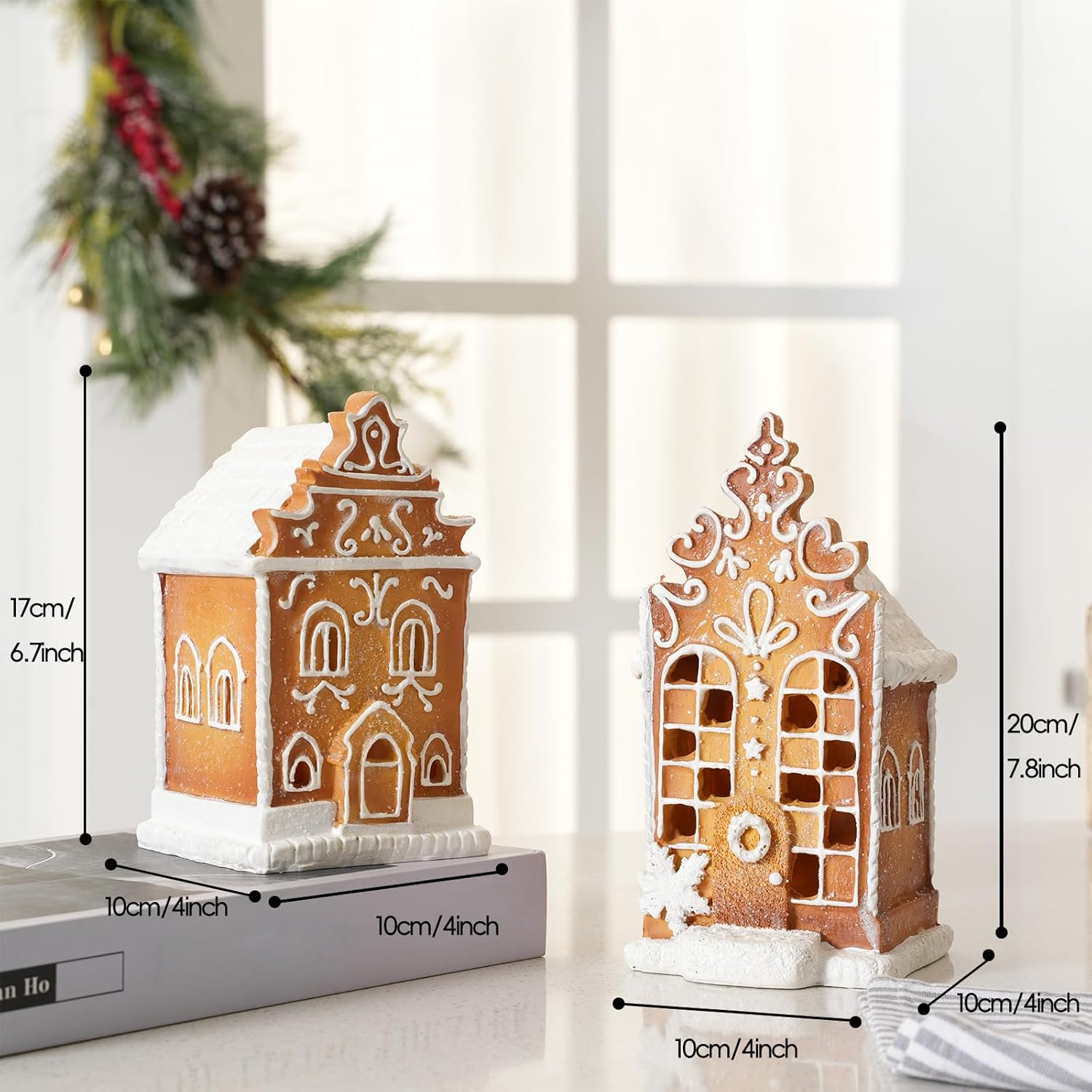 Skiennix Christmas Gingerbread Village House Figurines - Pre-Lit LED Table Decor | 2-Piece Set