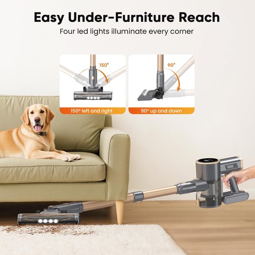BonePone N12S Cordless Vacuum Cleaner, 30KPa Powerful Vacuum with 60 Mins Runtime, Self-Standing, LED Display, Rechargeable Lightweight Handheld Vacuum Cleaners for Home (Gold)