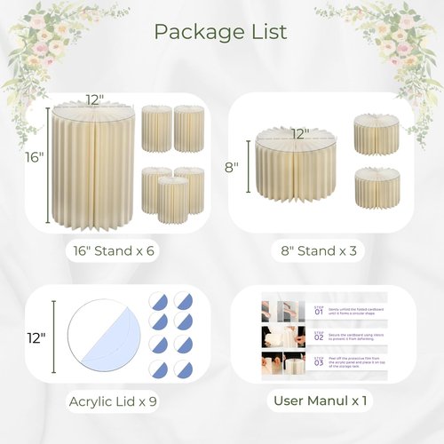 Merrifete Stacking-Block Design Cake Stands for Party, Customizable Height, Sturdy Cardboard Column with Acrylic Plate, Reusable Round Cylinder Stands for Party for Birthday, 9PCS, Milky White