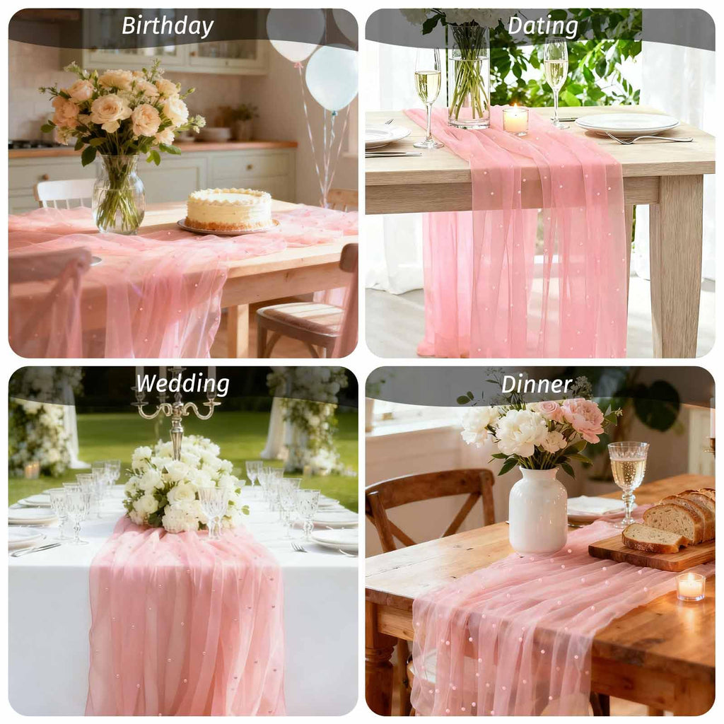 WELTRXE Pearl Table Runner 30x120 Inch 10FT Long, Pink Gauze Table Runners, Rustic Boho for Wedding Arch Birthday Party Bridal Veil Baby Shower Decorations