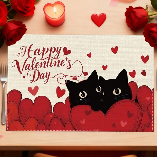 Inisajace Valentines Day Placemats Set of 4, Happy Valentine's Day Cat and Love Heart Placemats Decorations, Table Mats for Home Party Kitchen Dining Decor (12x18 Inch)