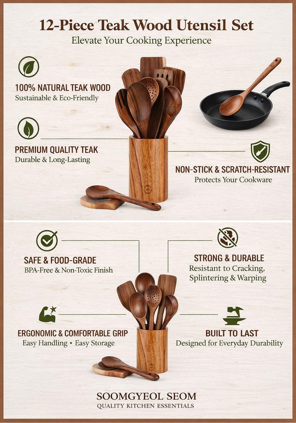 Skiennix 12-Piece Natural Teak Wood Utensil Set - Nonstick Cooking Tools with Holder & Rest