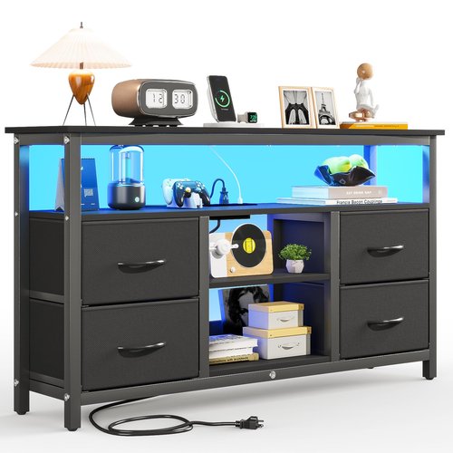 Haewon Black TV Stand with LED Lights and Power Outlets, Entertainment Center for 55 inch TV, Media Console Table with 4 Fabric Drawers and Open Shelf for Living Room, Wood Top and Metal Frame