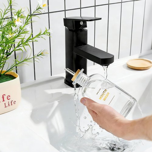 Glass Mouthwash Dispenser for Bathroom with Stainless Steel Nozzle, Reusable Mouthwash Cup and Elegant Gold Sticker(11.8OZ/Clear)