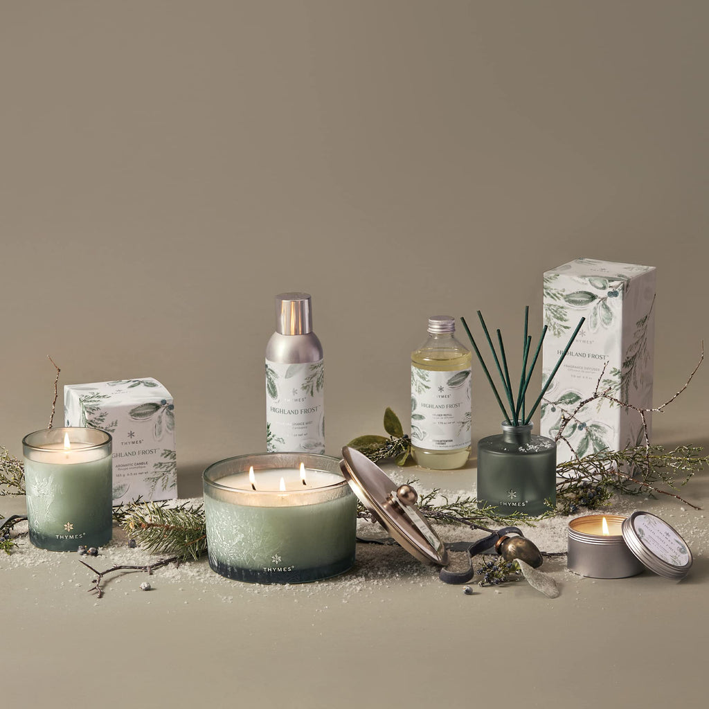 Thymes Highland Frost Large 3 Wick Candle - Scented Candles with Crisp Notes of Sage, Eucalyptus, & Cypress Needles - Luxury Home Fragrance Gifts for Women & Men - Sage-Green (18 oz)