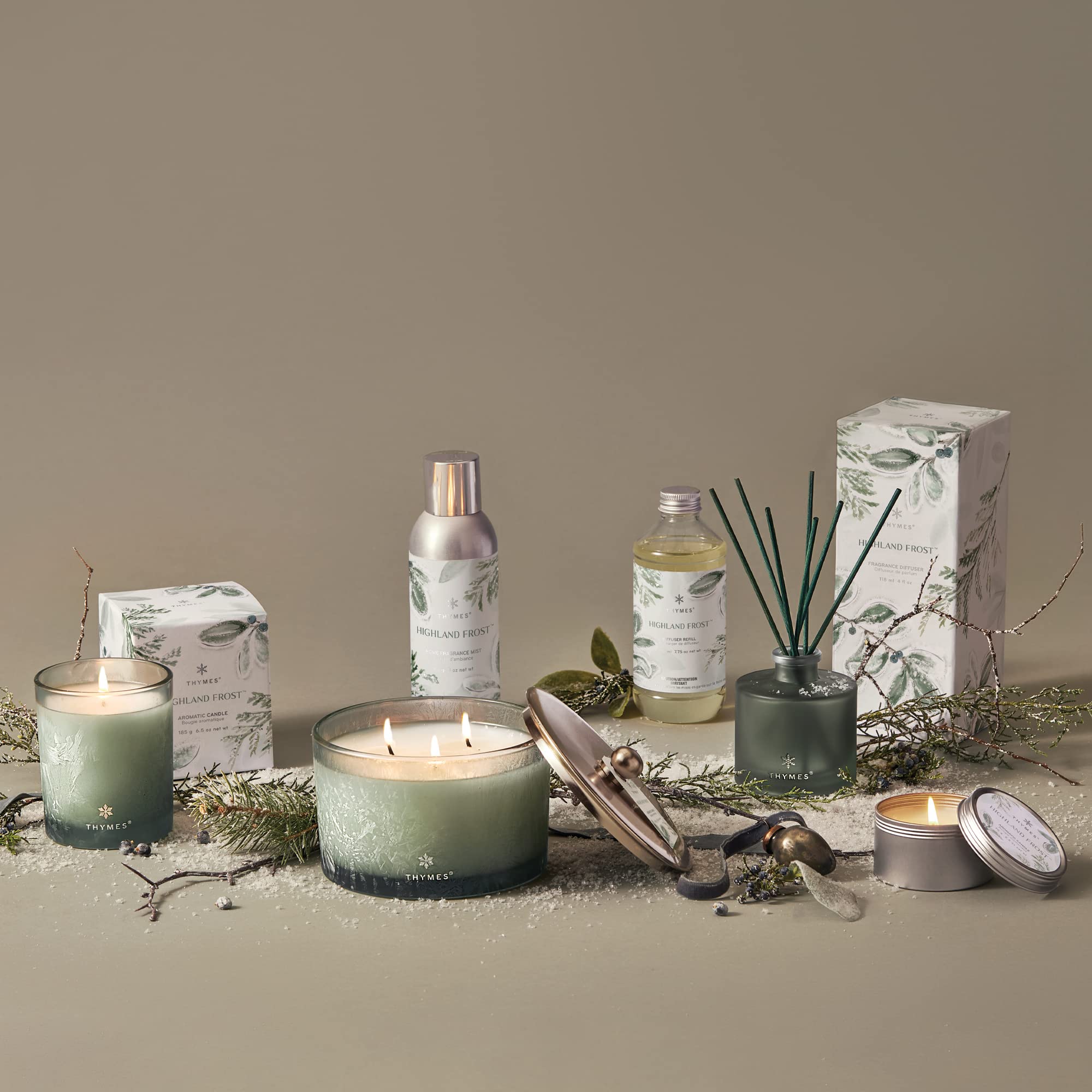 Thymes Highland Frost Large 3 Wick Candle - Scented Candles with Crisp Notes of Sage, Eucalyptus, & Cypress Needles - Luxury Home Fragrance Gifts for Women & Men - Sage-Green (18 oz)