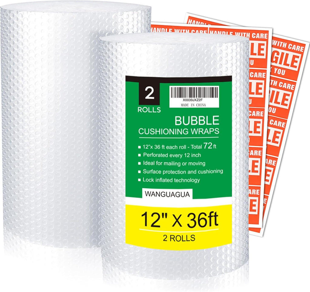 Wanguagua Bubble Packing Wrap - 2 Pack 12 Inch x 72 Ft for Moving & Shipping | Perforated Every 12”