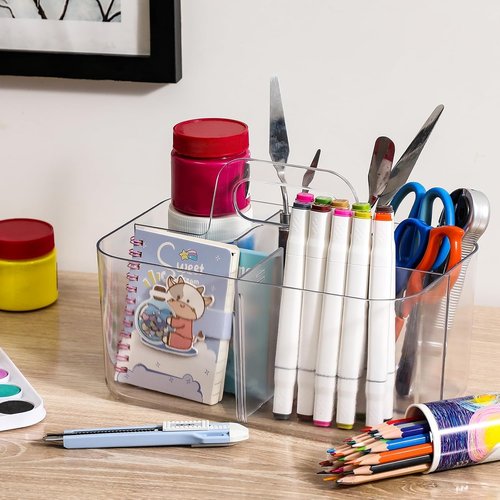 Multiuse Caddy Organizer by [Brand Name] - Portable Divided Plastic Tote for Art, Makeup & Office Supplies - Clear