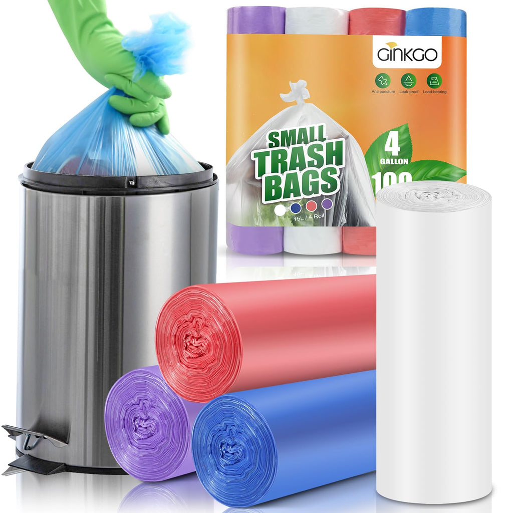 Small Trash Bags 4 Gallon Bathroom Garbage Bags - 100 Count, 4 Colors, Clear Unscented Plastic Mini Trash Bags for Kitchen, Waste Baskets, Office, Bedroom and Car - Bulk Little Garbage Can Liners