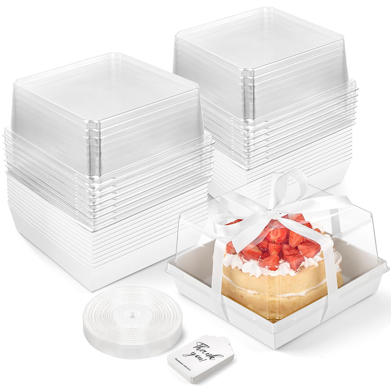 ZORRITA Paper Cake Boxes with Clear Lids, 7" x 7" x 4", 40 Pack, White