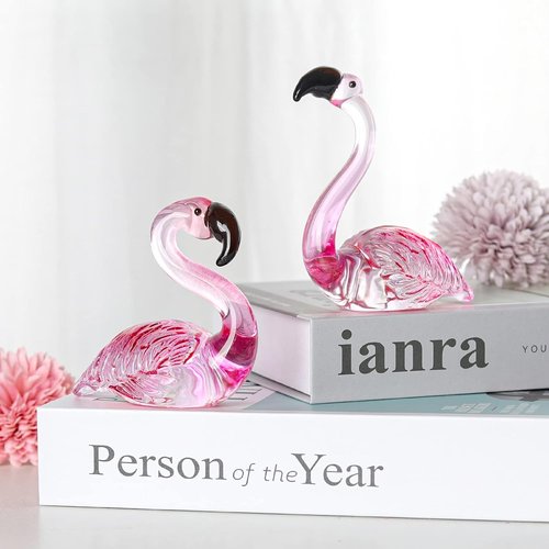 LONGWIN Handmade Art Glass Flamingo Figurines - Hand Blown Collectible Sculptures for Home & Wedding Decor | Set of 2