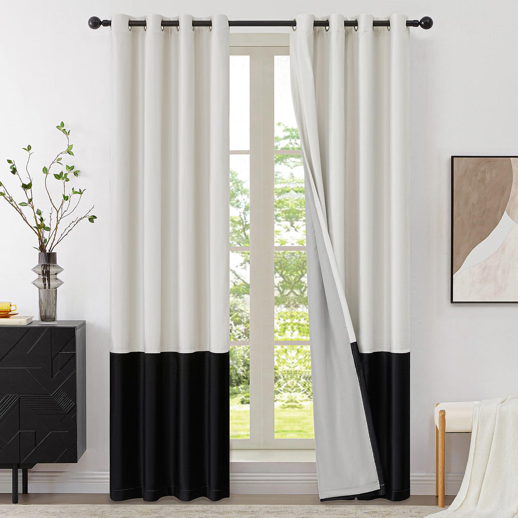 BULBUL Cream 100% Full Blackout Velvet Curtains,84 inches Long Ivory Black Modern Liner Curtains Thermal Drapes Panels for Living Room Bedroom Grommet Set of 2