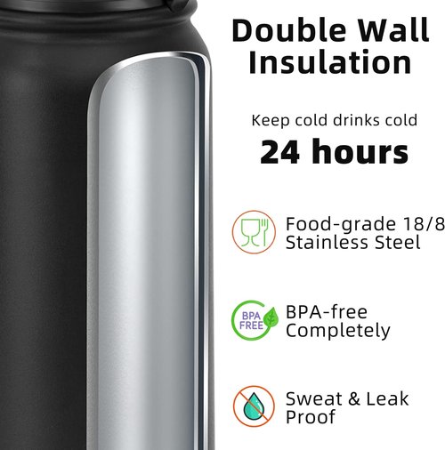 Fanhaw 20 oz Insulated Stainless Steel Water Bottle - Leakproof Straw Lid | Durable Sports Bottle (Black)