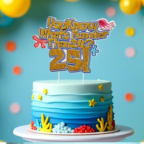 What’s Funnier Than 24? 25! Cake Topper,25th Birthday Cake Decoration, Yellow Sponge Glitter Birthday Party Supplies, 25 Years Later Decor,Cartoon Funny Birthday Cake Pick