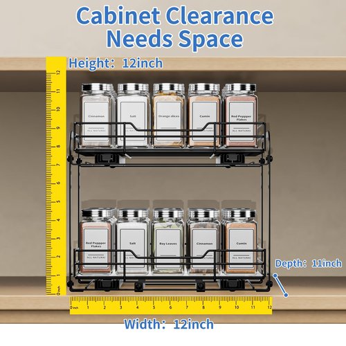 BOIVSHI 2-Tier Spice Rack Organizer, Pull Out Spice Rack for Cabinet, Height Adjustable Heavy Duty Metal Basket for Inside Cabinet & Pantry (11.5''Wx10.5''Dx9.5''H)