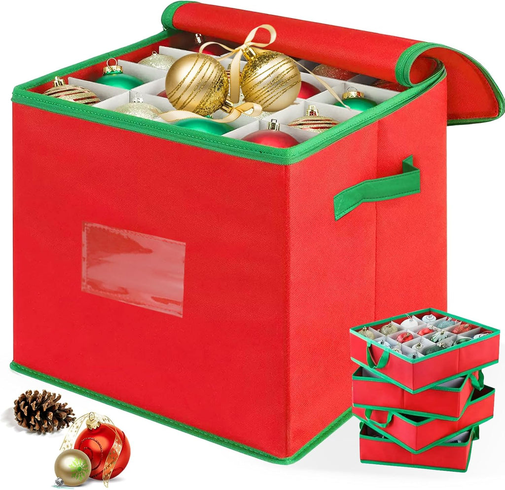 Regine Switzerland Christmas Ornament Storage Box - Holds Up To 64 Ornaments | Red Oxford Canvas With 4 Removable Trays