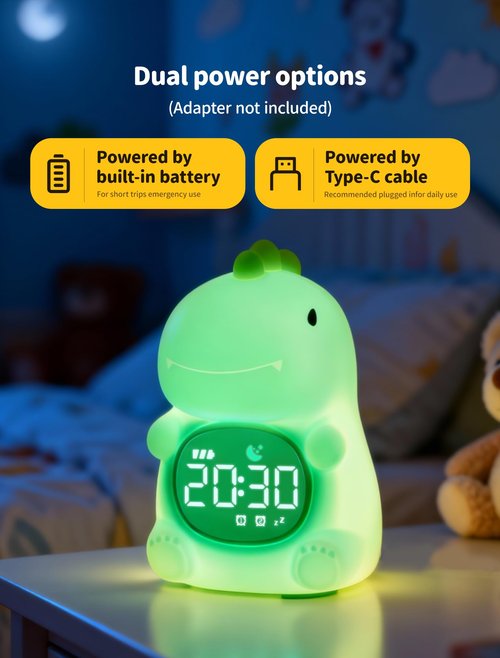 MASHI Dinosaur Alarm Clock with Night Light, Toddler Sleep Training Clock with Sun & Moon, Sleep Sound Machine, ok to Wake Clock for Kids, Digital Alarm Clocks for Bedrooms,Gift Ideas for Kids Child